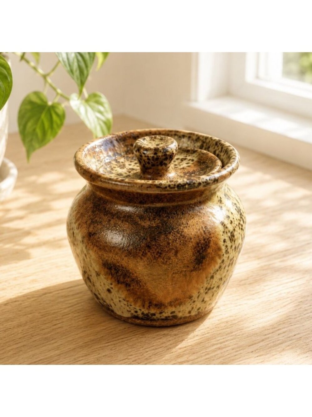 Vintage Speckled Ceramic Jar With Lid - Rustic Brown & Green Glaze - Handmade Po